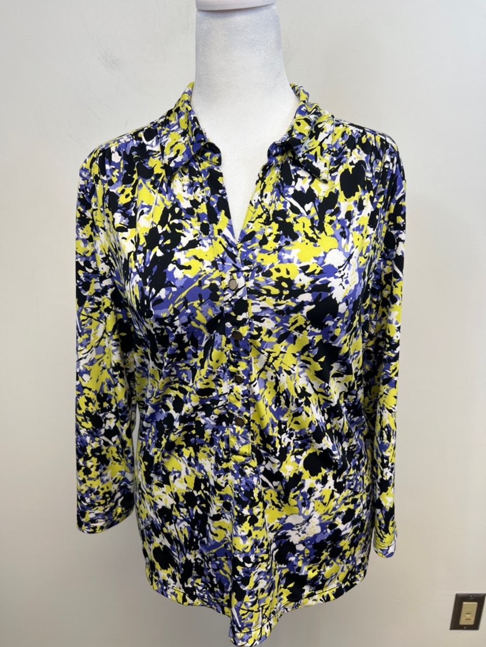 Alfani Women's Purple Green floral 3/4 Sleeve Stretchy Button down Blouse XL